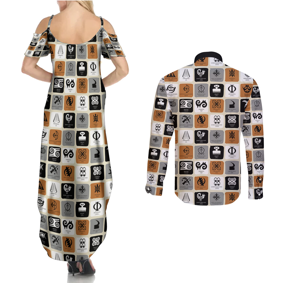 Adinkra Symbols Fashion Couples Matching Summer Maxi Dress and Long Sleeve Button Shirts - Wonder Print Shop