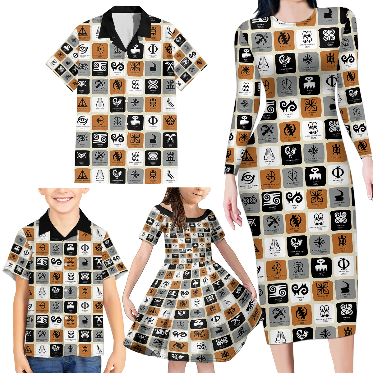 Adinkra Symbols Fashion Family Matching Long Sleeve Bodycon Dress and Hawaiian Shirt - Wonder Print Shop