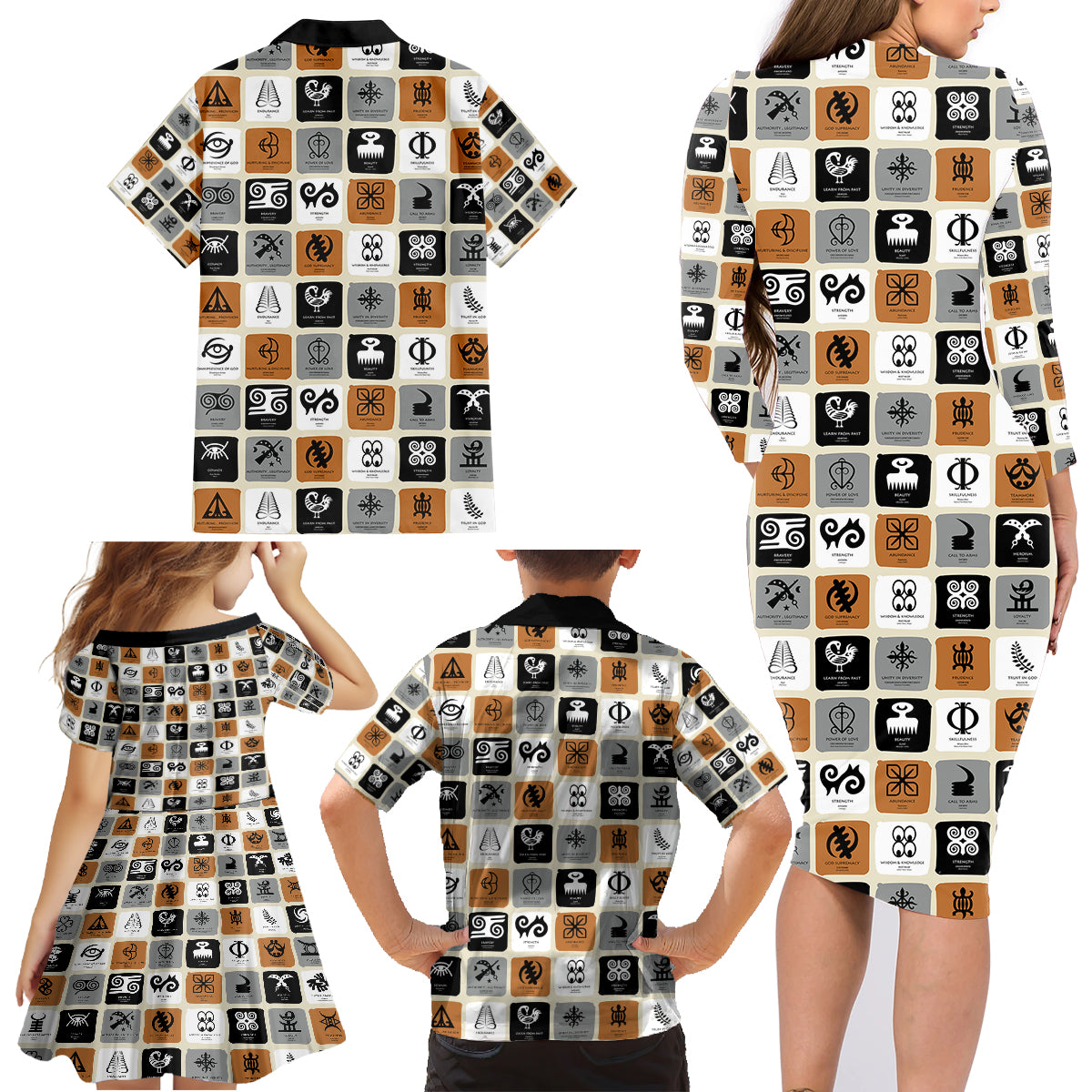 Adinkra Symbols Fashion Family Matching Long Sleeve Bodycon Dress and Hawaiian Shirt - Wonder Print Shop