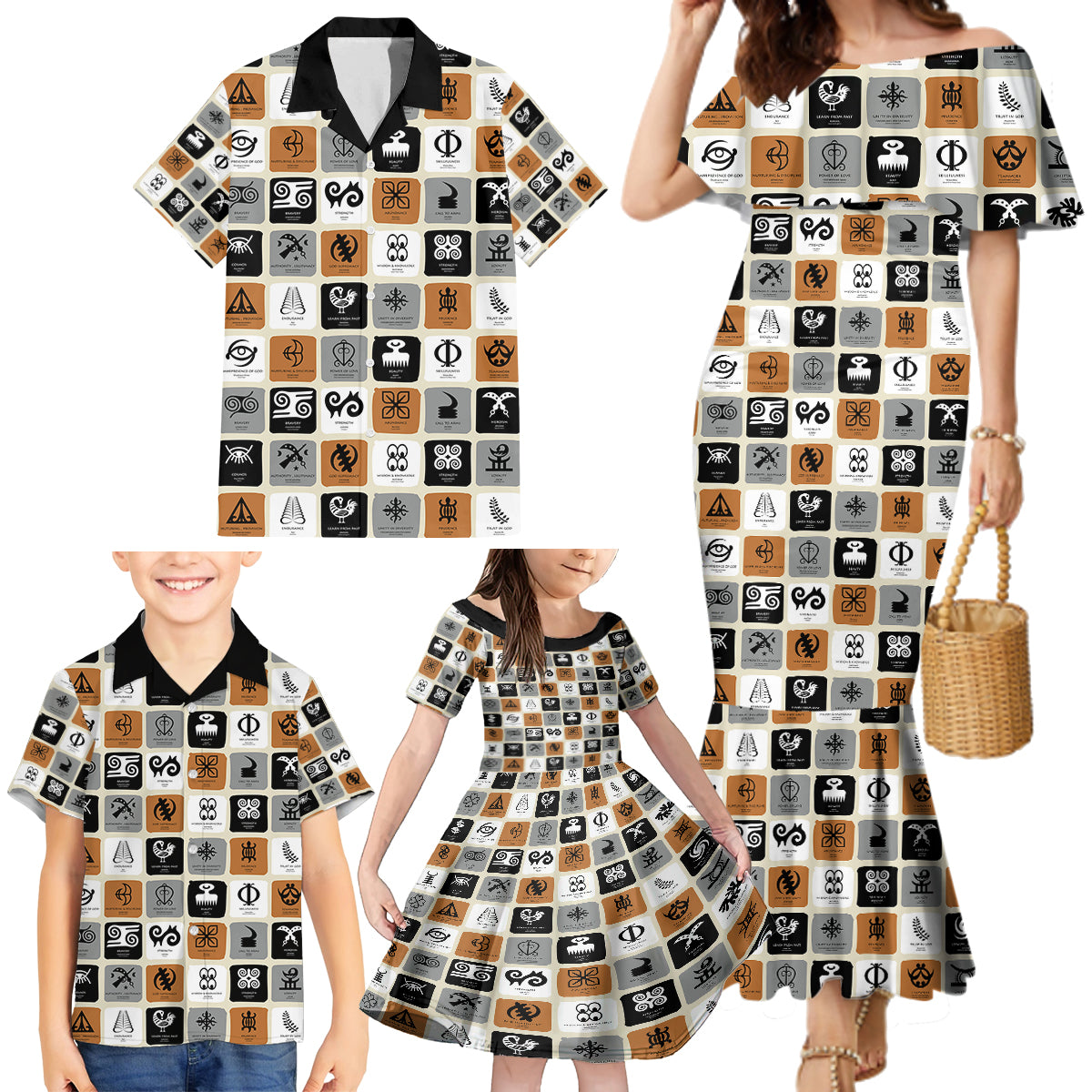 Adinkra Symbols Fashion Family Matching Mermaid Dress and Hawaiian Shirt - Wonder Print Shop