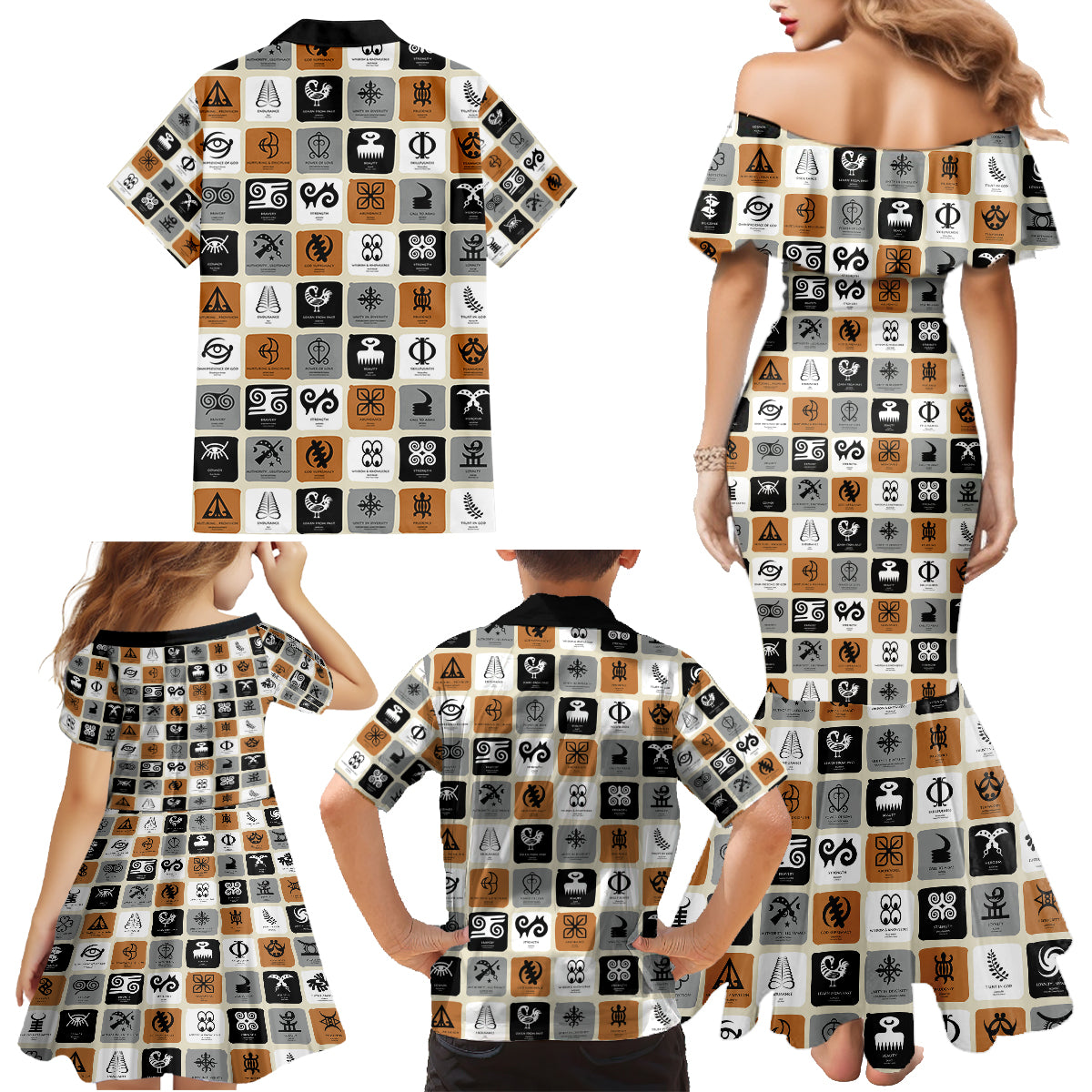 Adinkra Symbols Fashion Family Matching Mermaid Dress and Hawaiian Shirt - Wonder Print Shop