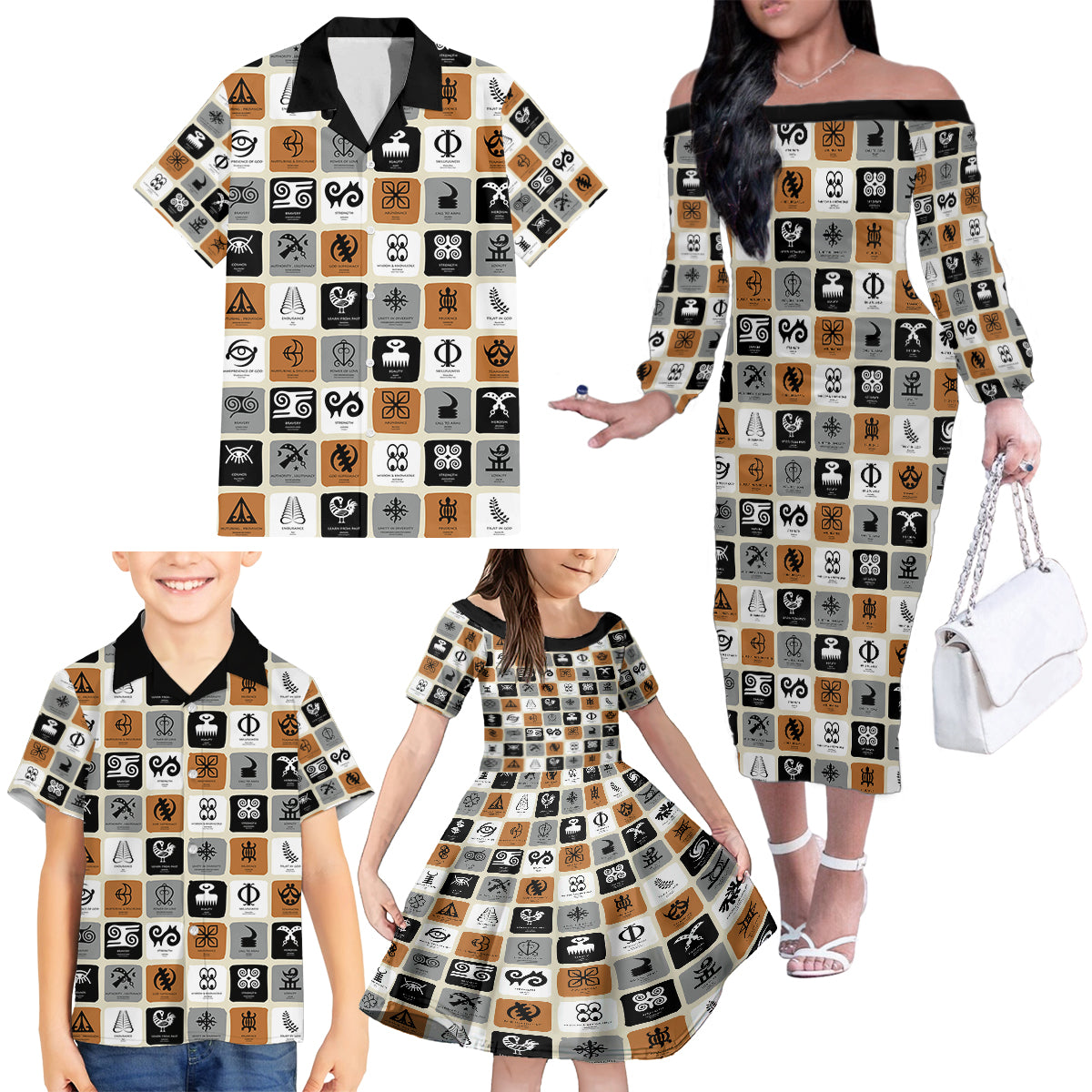 Adinkra Symbols Fashion Family Matching Off Shoulder Long Sleeve Dress and Hawaiian Shirt - Wonder Print Shop