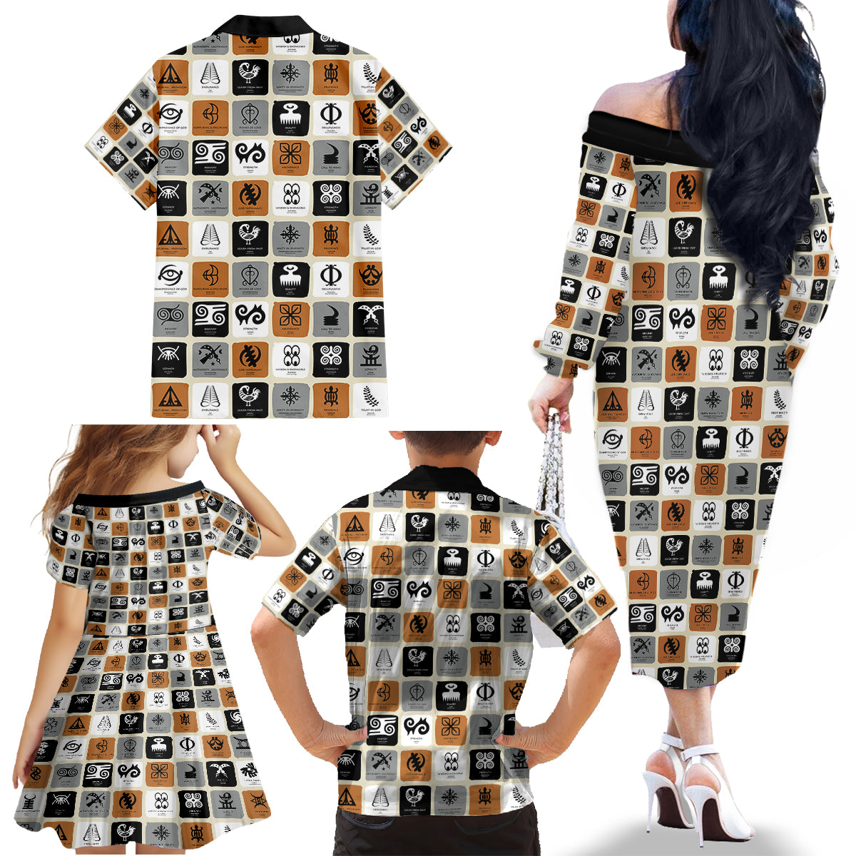 Adinkra Symbols Fashion Family Matching Off Shoulder Long Sleeve Dress and Hawaiian Shirt - Wonder Print Shop