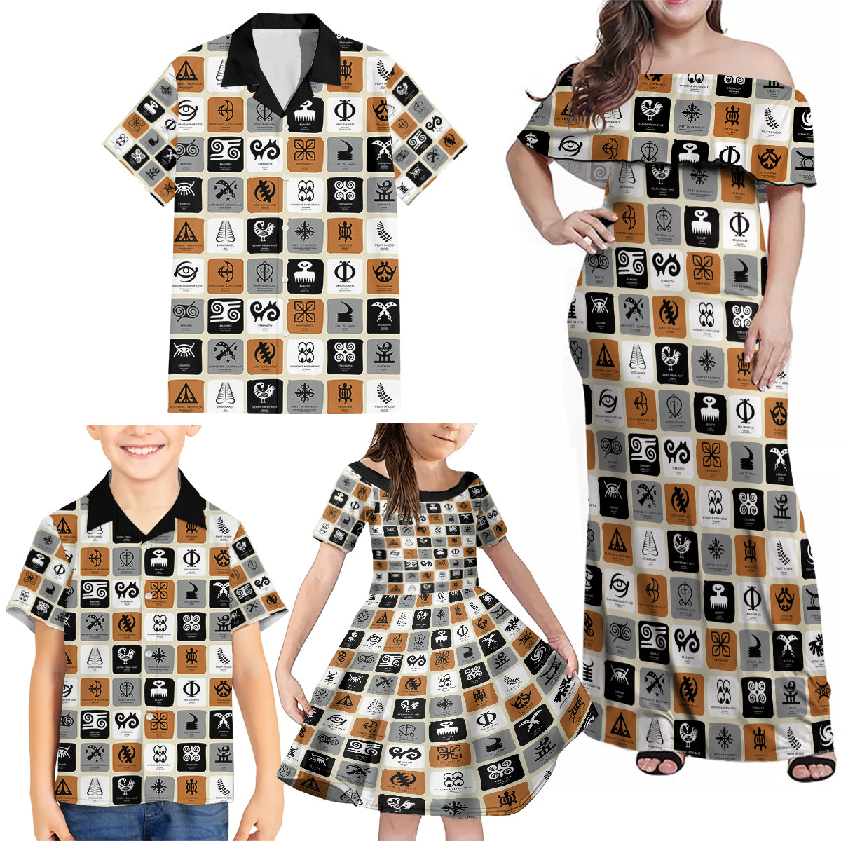 Adinkra Symbols Fashion Family Matching Off Shoulder Maxi Dress and Hawaiian Shirt - Wonder Print Shop