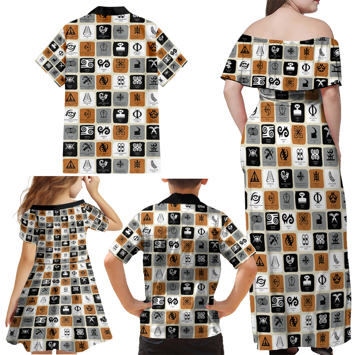 Adinkra Symbols Fashion Family Matching Off Shoulder Maxi Dress and Hawaiian Shirt - Wonder Print Shop