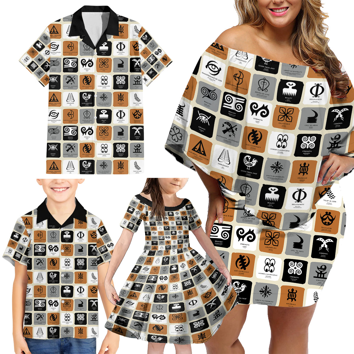 Adinkra Symbols Fashion Family Matching Off Shoulder Short Dress and Hawaiian Shirt - Wonder Print Shop