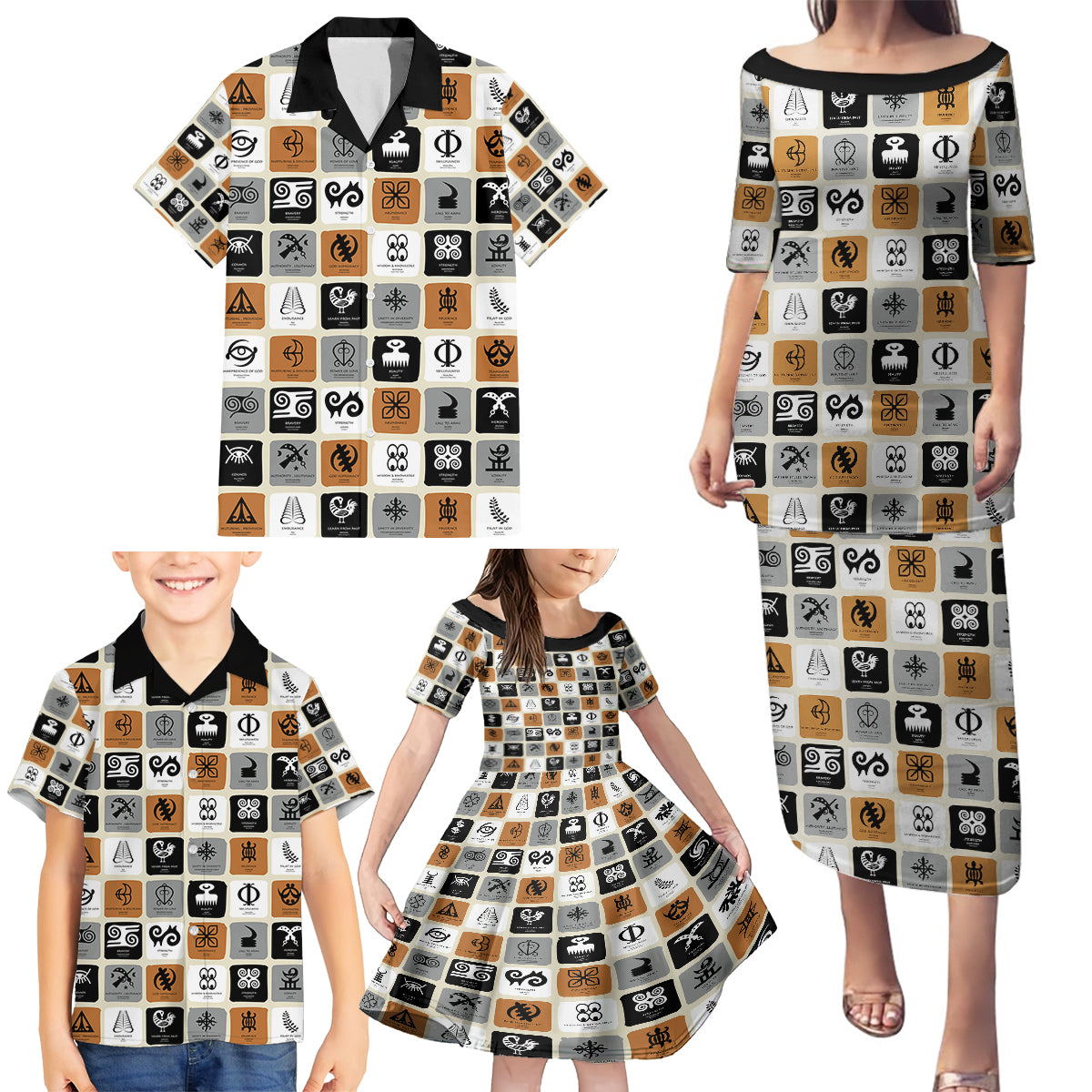 Adinkra Symbols Fashion Family Matching Puletasi Dress and Hawaiian Shirt - Wonder Print Shop