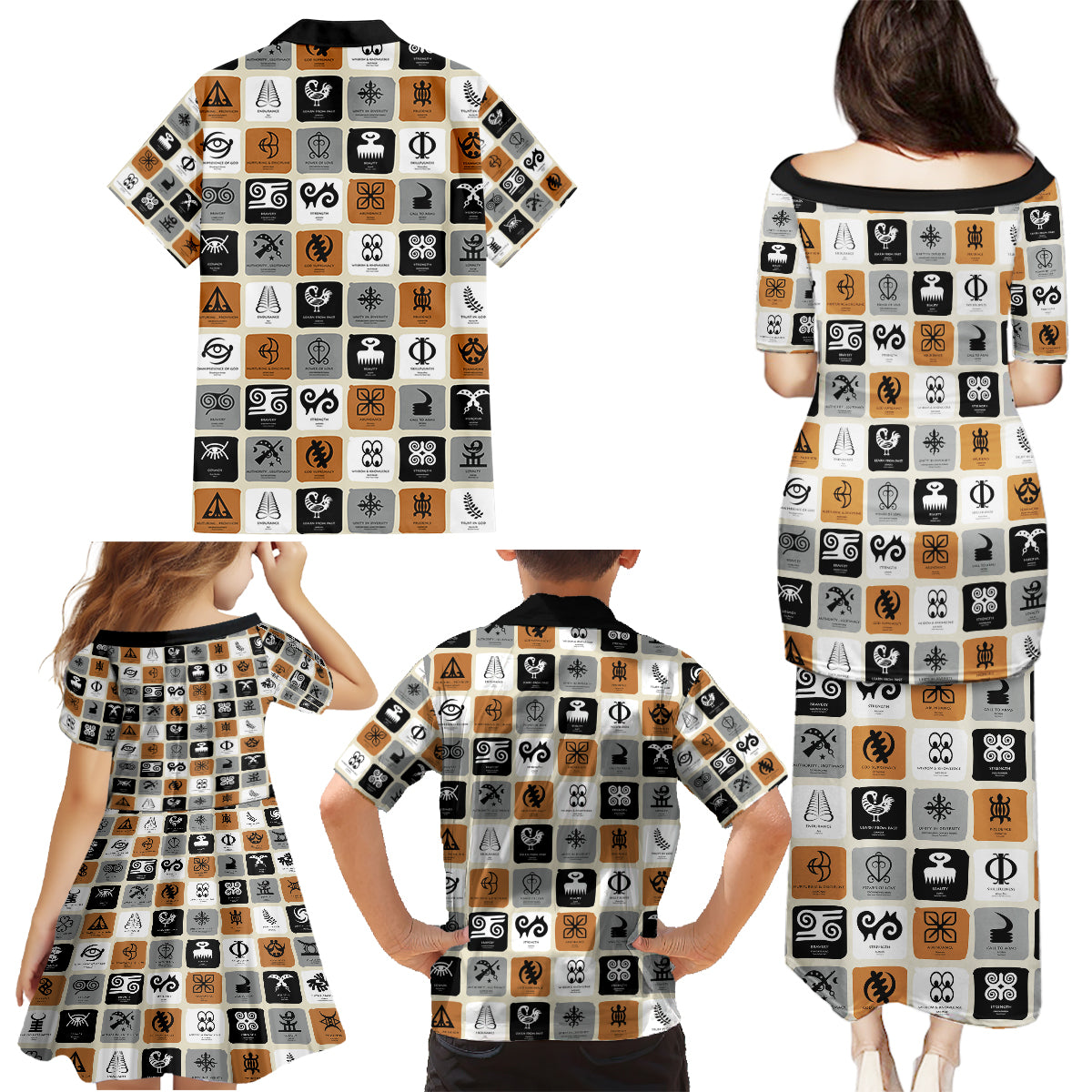 Adinkra Symbols Fashion Family Matching Puletasi Dress and Hawaiian Shirt - Wonder Print Shop
