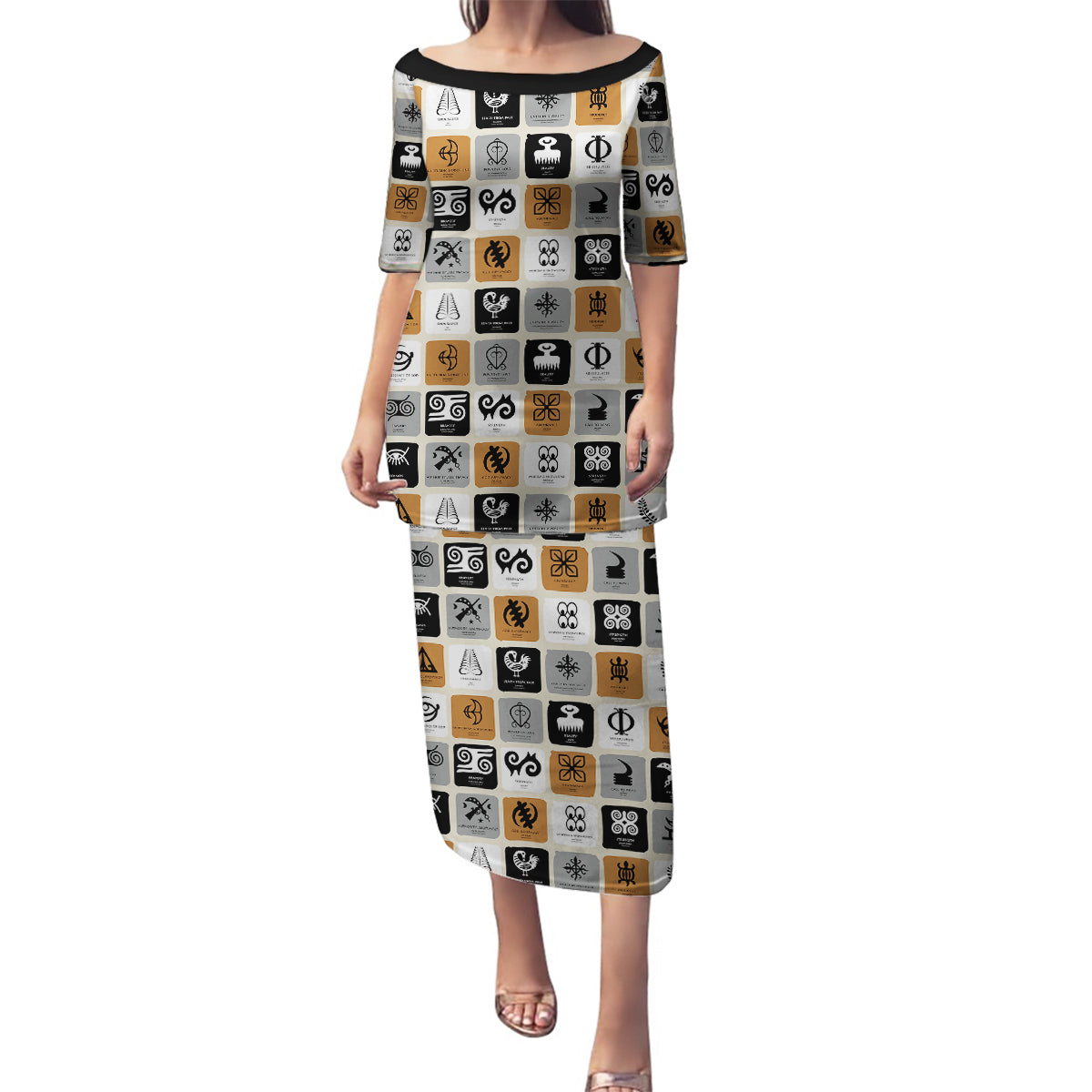 Adinkra Symbols Fashion Family Matching Puletasi Dress and Hawaiian Shirt - Wonder Print Shop