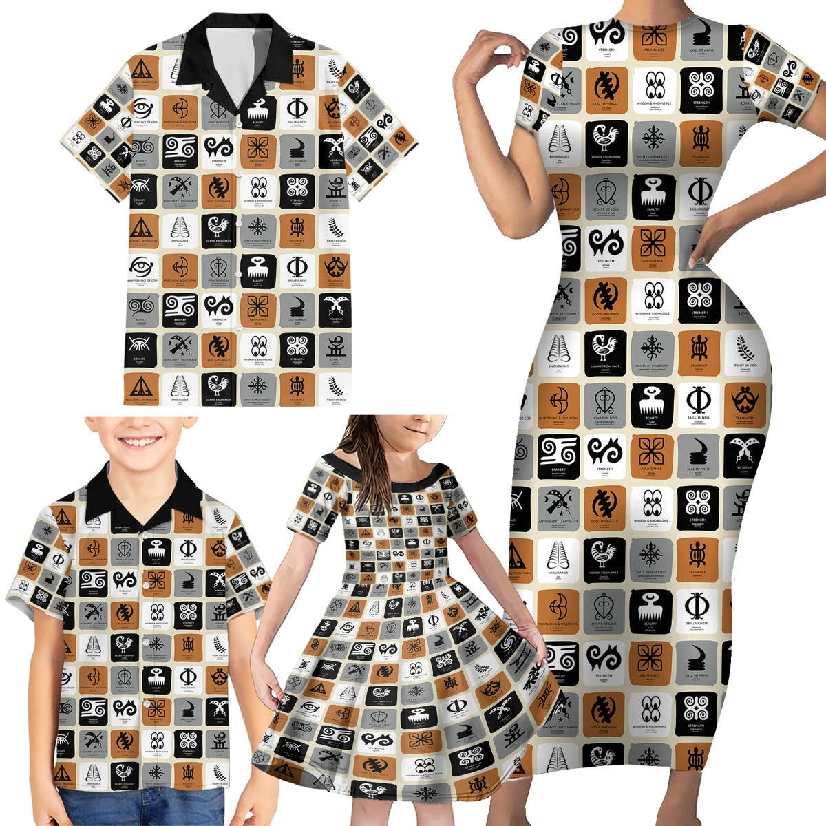 Adinkra Symbols Fashion Family Matching Short Sleeve Bodycon Dress and Hawaiian Shirt - Wonder Print Shop