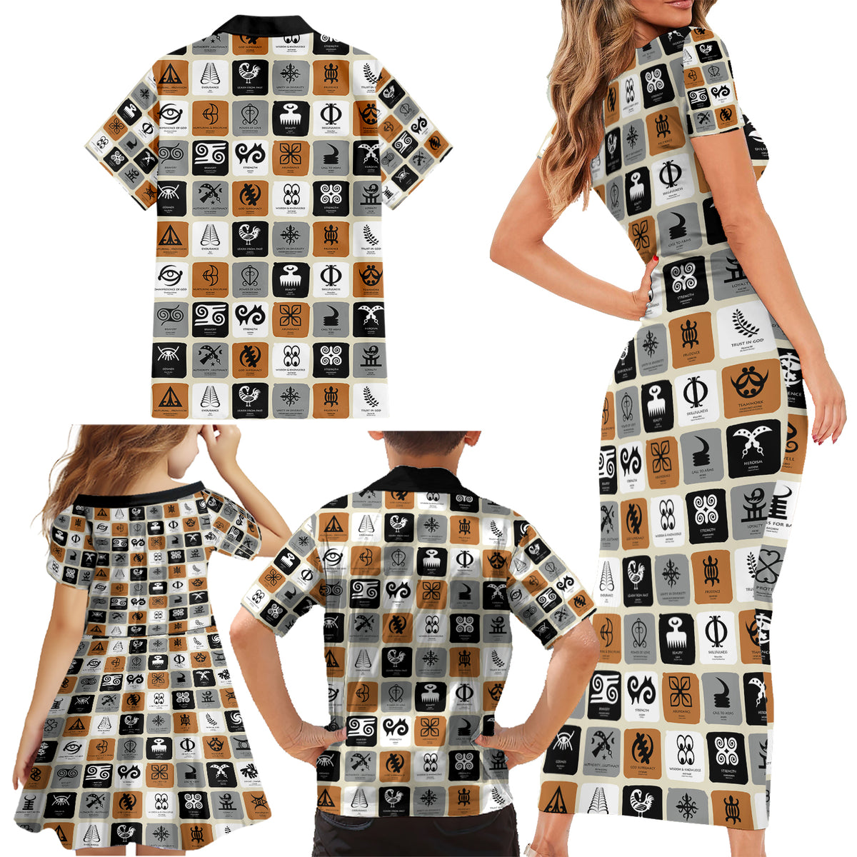 Adinkra Symbols Fashion Family Matching Short Sleeve Bodycon Dress and Hawaiian Shirt - Wonder Print Shop