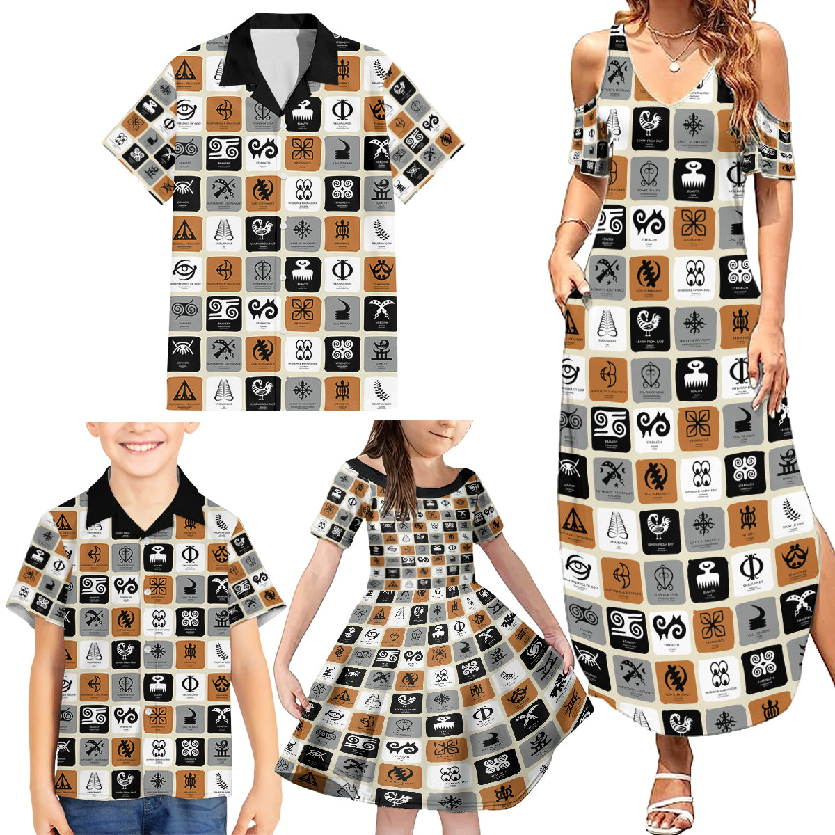 Adinkra Symbols Fashion Family Matching Summer Maxi Dress and Hawaiian Shirt - Wonder Print Shop