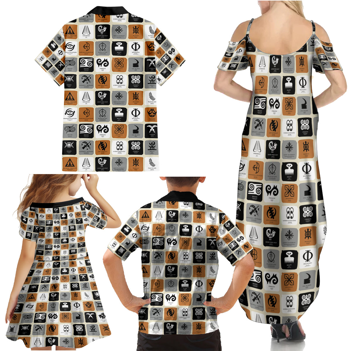 Adinkra Symbols Fashion Family Matching Summer Maxi Dress and Hawaiian Shirt - Wonder Print Shop