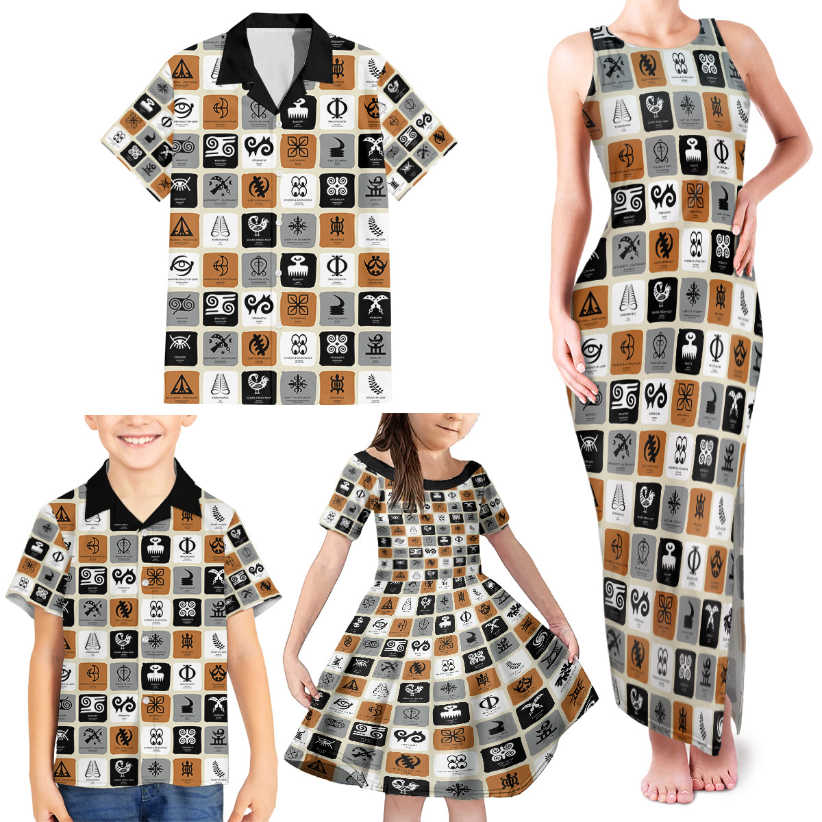 Adinkra Symbols Fashion Family Matching Tank Maxi Dress and Hawaiian Shirt - Wonder Print Shop