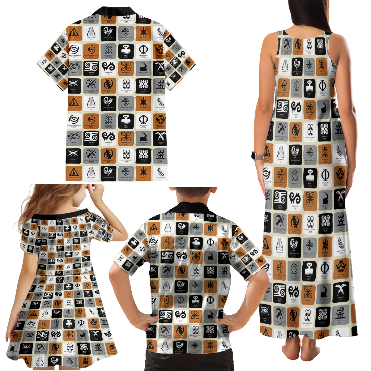 Adinkra Symbols Fashion Family Matching Tank Maxi Dress and Hawaiian Shirt - Wonder Print Shop