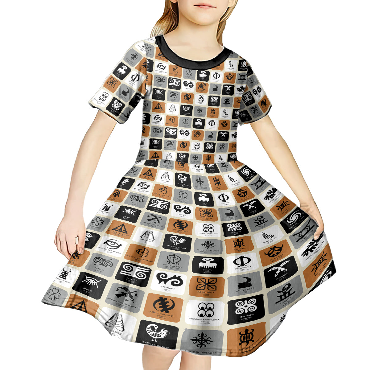 Adinkra Symbols Fashion Kid Short Sleeve Dress - Wonder Print Shop