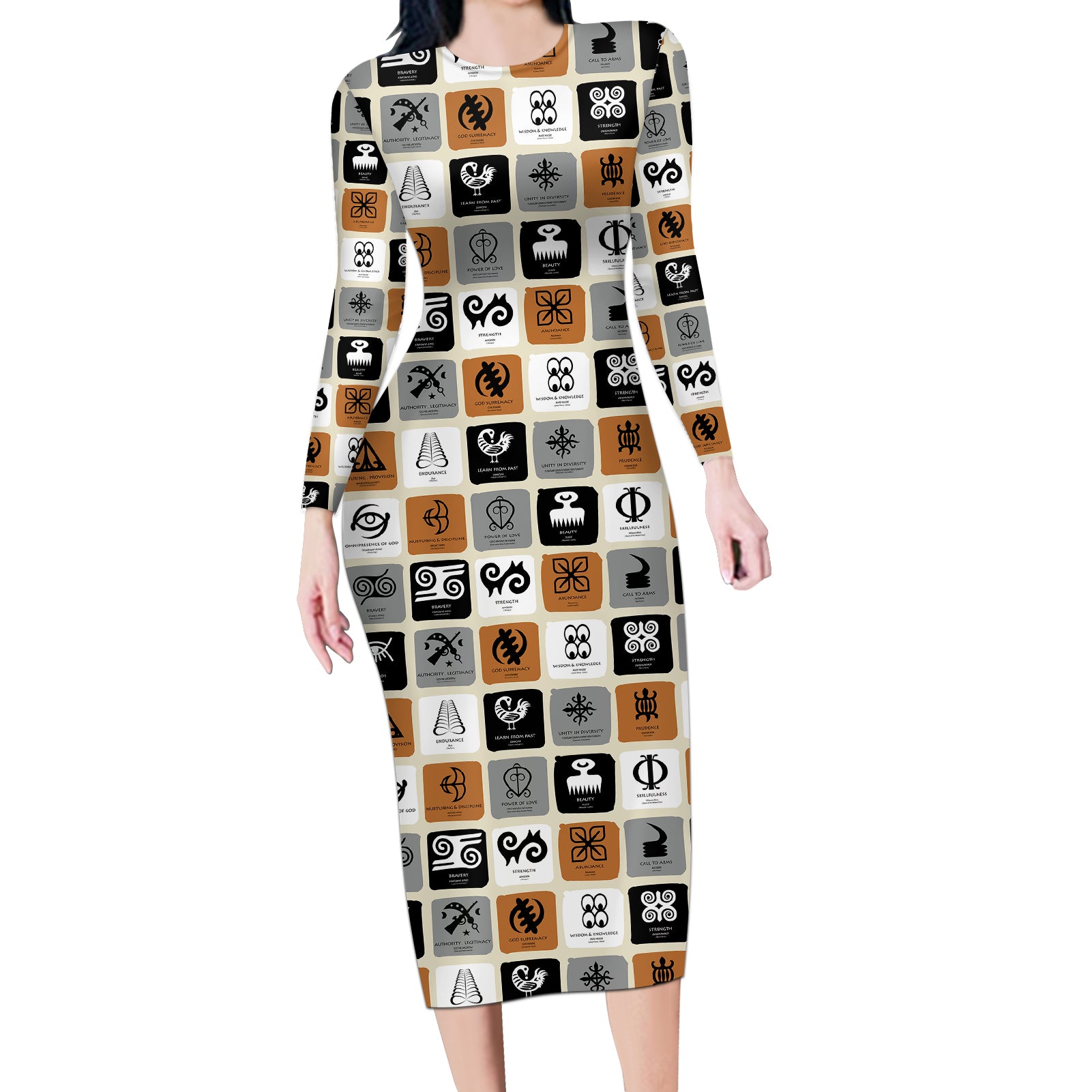 Adinkra Symbols Fashion Long Sleeve Bodycon Dress - Wonder Print Shop