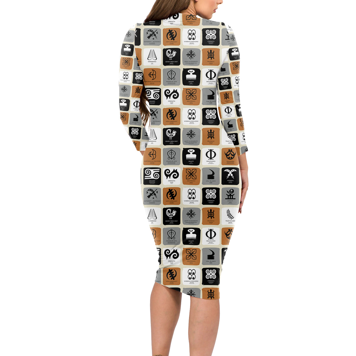 Adinkra Symbols Fashion Long Sleeve Bodycon Dress - Wonder Print Shop