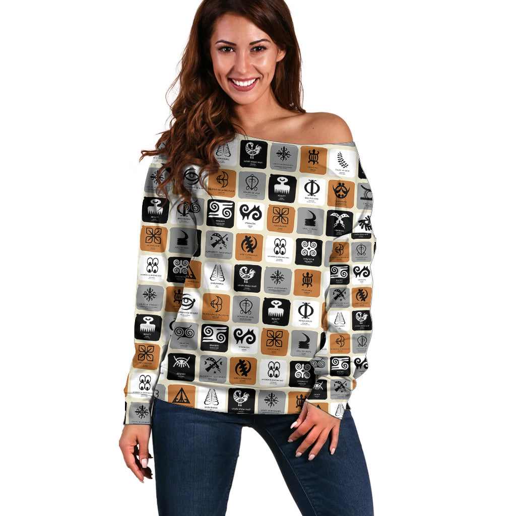 Adinkra Symbols Fashion Off Shoulder Sweater - Wonder Print Shop