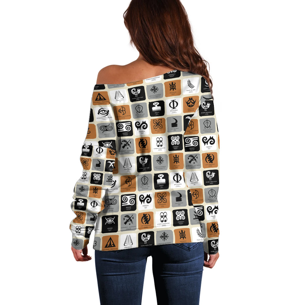Adinkra Symbols Fashion Off Shoulder Sweater - Wonder Print Shop