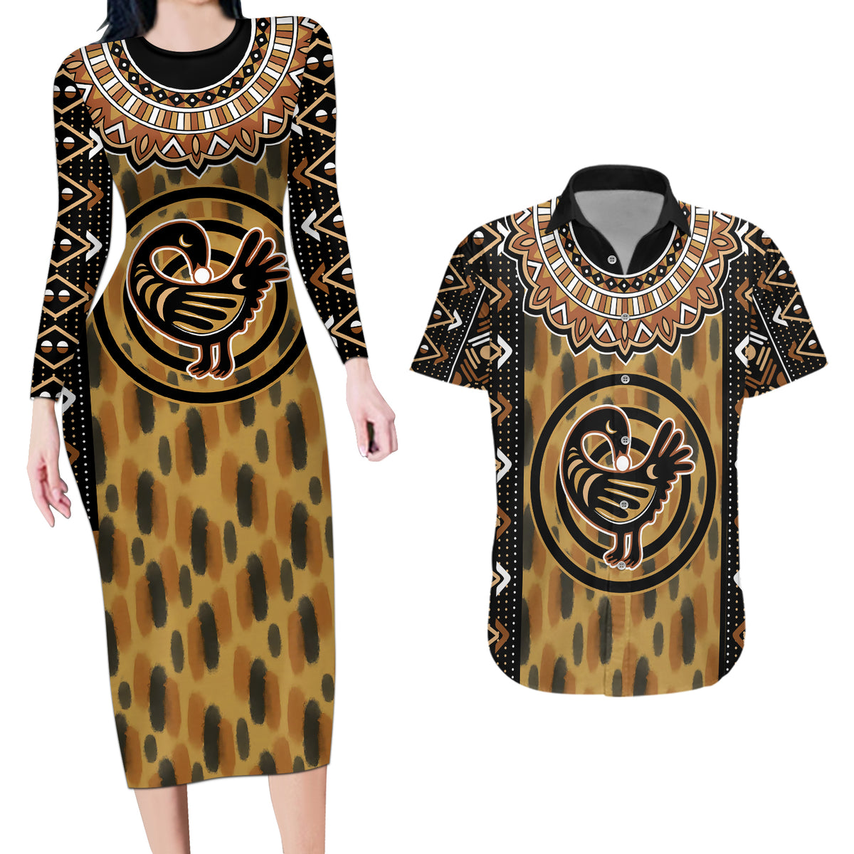 Printed Mud Cloth and Adinkra Symbol Couples Matching Long Sleeve Bodycon Dress and Hawaiian Shirt - Wonder Print Shop