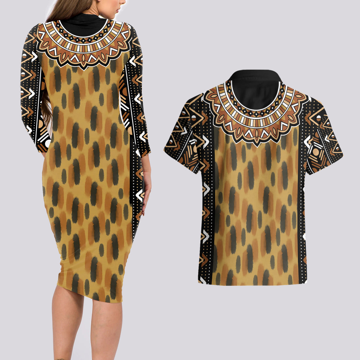Printed Mud Cloth and Adinkra Symbol Couples Matching Long Sleeve Bodycon Dress and Hawaiian Shirt - Wonder Print Shop
