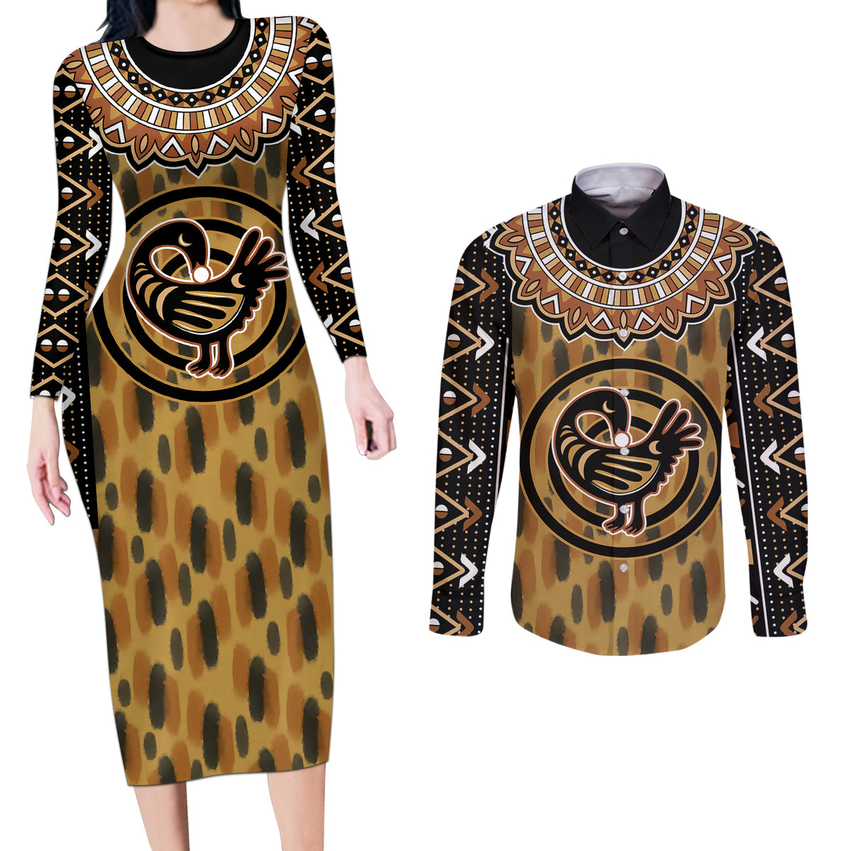 Printed Mud Cloth and Adinkra Symbol Couples Matching Long Sleeve Bodycon Dress and Long Sleeve Button Shirts - Wonder Print Shop