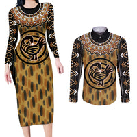 Printed Mud Cloth and Adinkra Symbol Couples Matching Long Sleeve Bodycon Dress and Long Sleeve Button Shirts - Wonder Print Shop