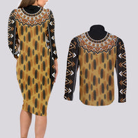 Printed Mud Cloth and Adinkra Symbol Couples Matching Long Sleeve Bodycon Dress and Long Sleeve Button Shirts - Wonder Print Shop