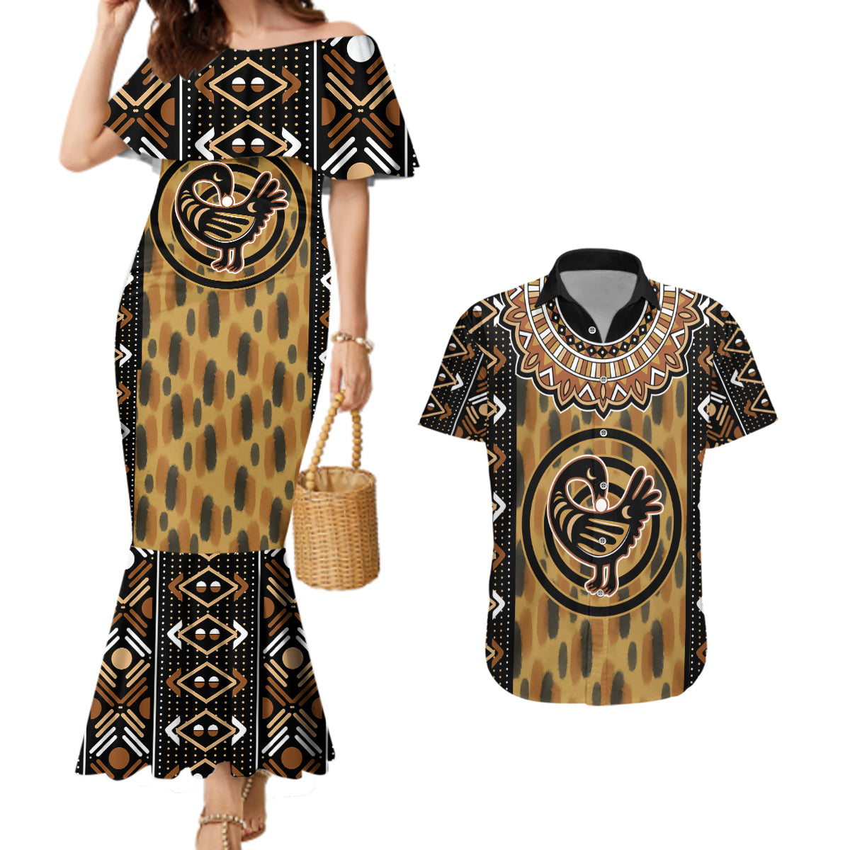 Printed Mud Cloth and Adinkra Symbol Couples Matching Mermaid Dress and Hawaiian Shirt - Wonder Print Shop