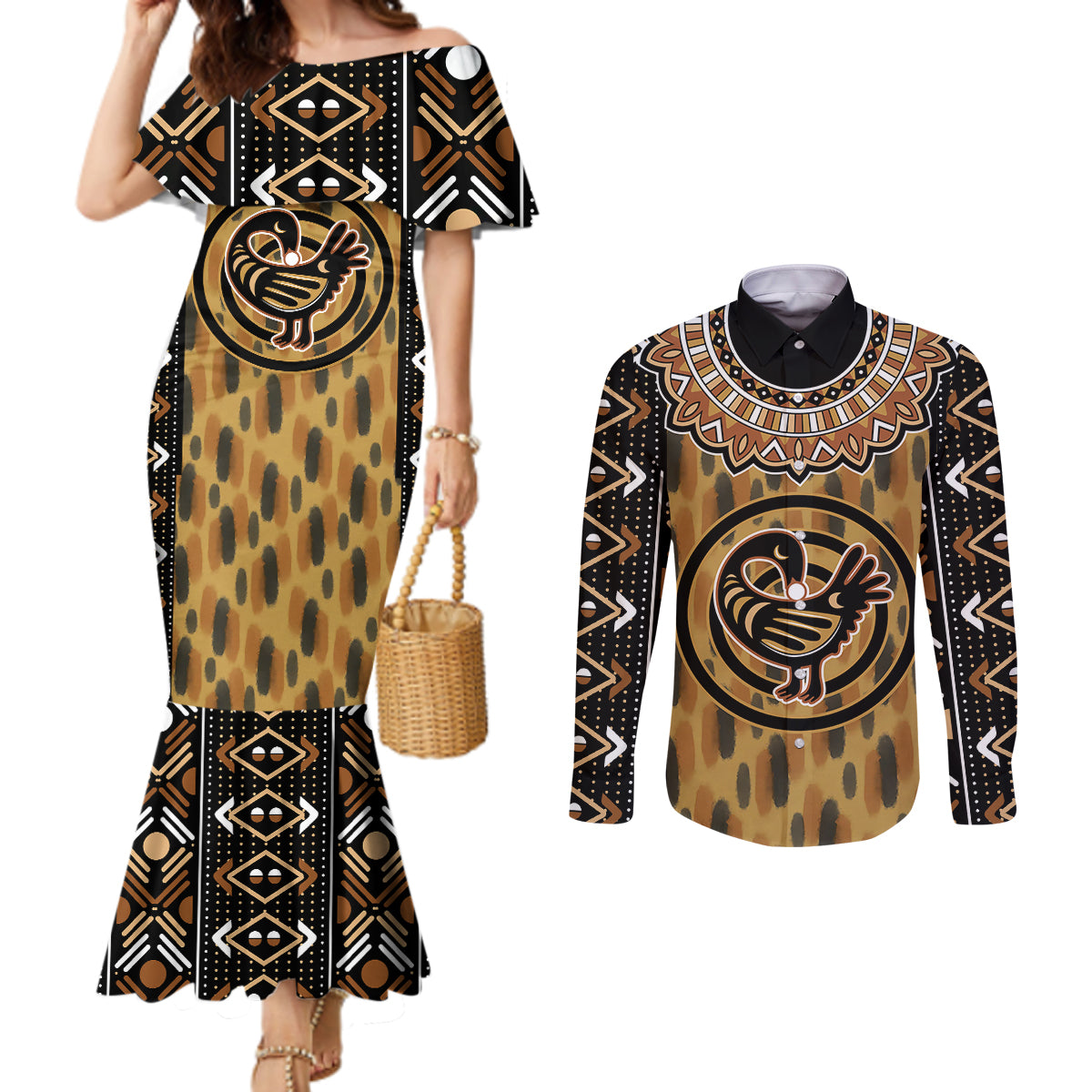 printed-mud-cloth-and-adinkra-symbol-couples-matching-mermaid-dress-and-long-sleeve-button-shirts