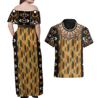 Printed Mud Cloth and Adinkra Symbol Couples Matching Off Shoulder Maxi Dress and Hawaiian Shirt - Wonder Print Shop