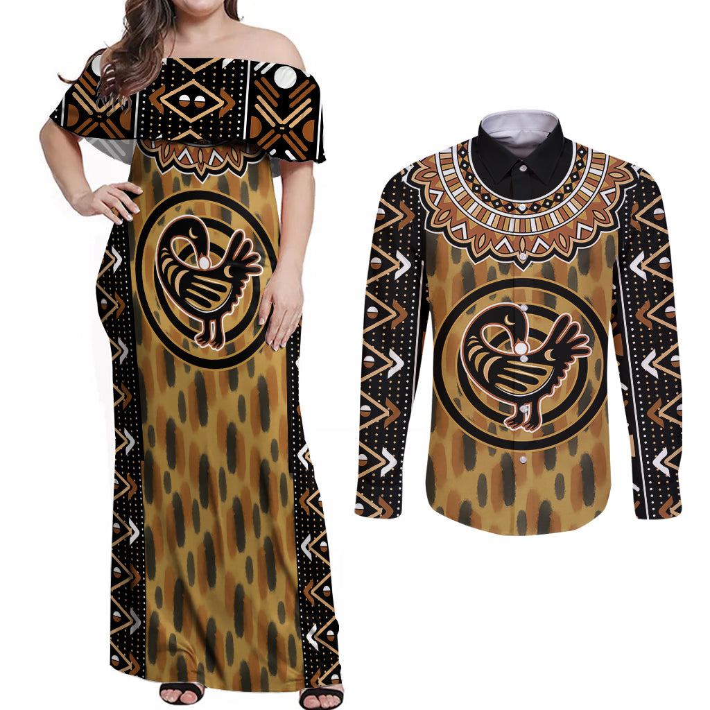 Printed Mud Cloth and Adinkra Symbol Couples Matching Off Shoulder Maxi Dress and Long Sleeve Button Shirts - Wonder Print Shop