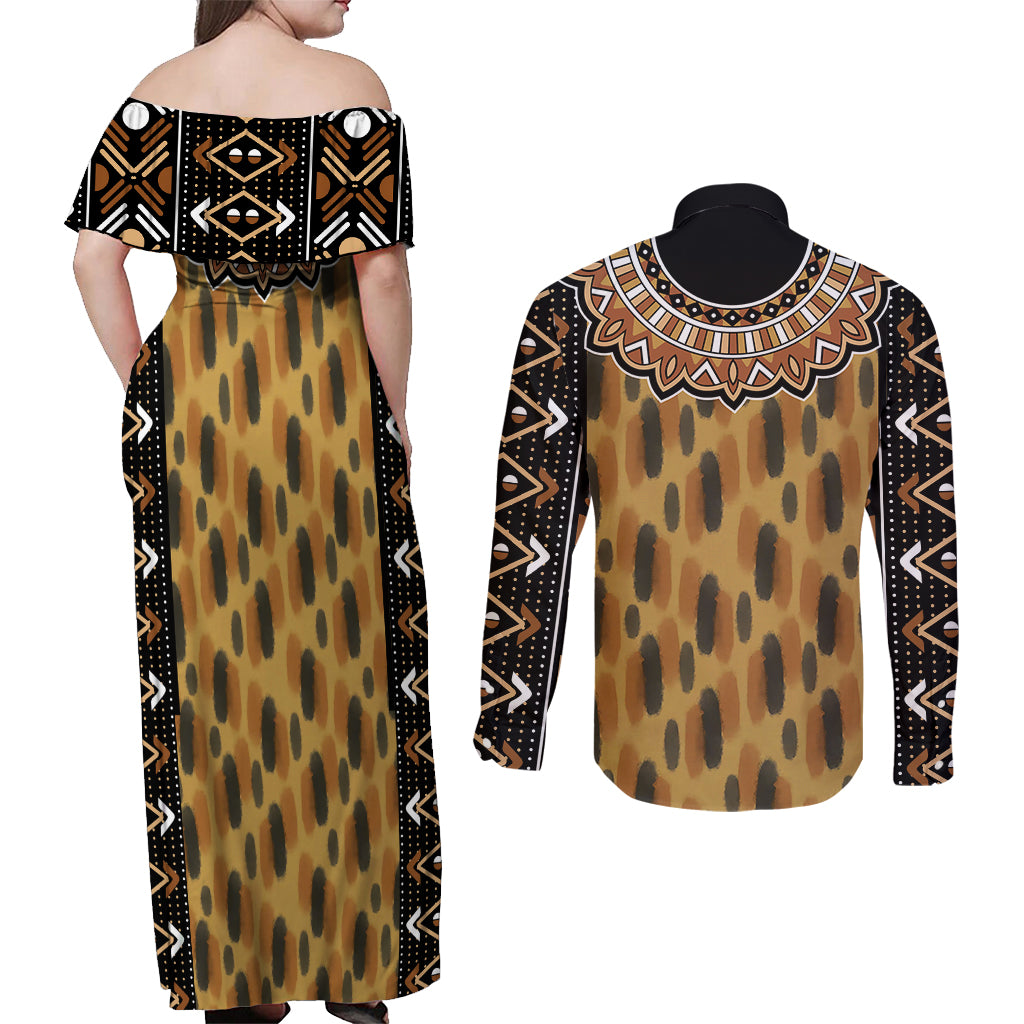 Printed Mud Cloth and Adinkra Symbol Couples Matching Off Shoulder Maxi Dress and Long Sleeve Button Shirts - Wonder Print Shop