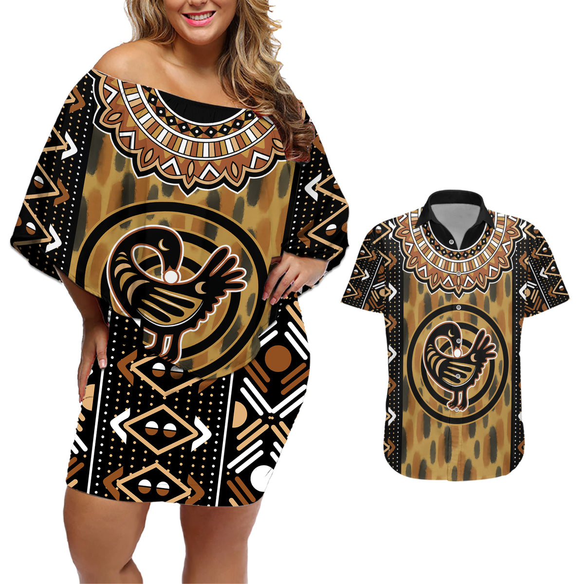 Printed Mud Cloth and Adinkra Symbol Couples Matching Off Shoulder Short Dress and Hawaiian Shirt - Wonder Print Shop