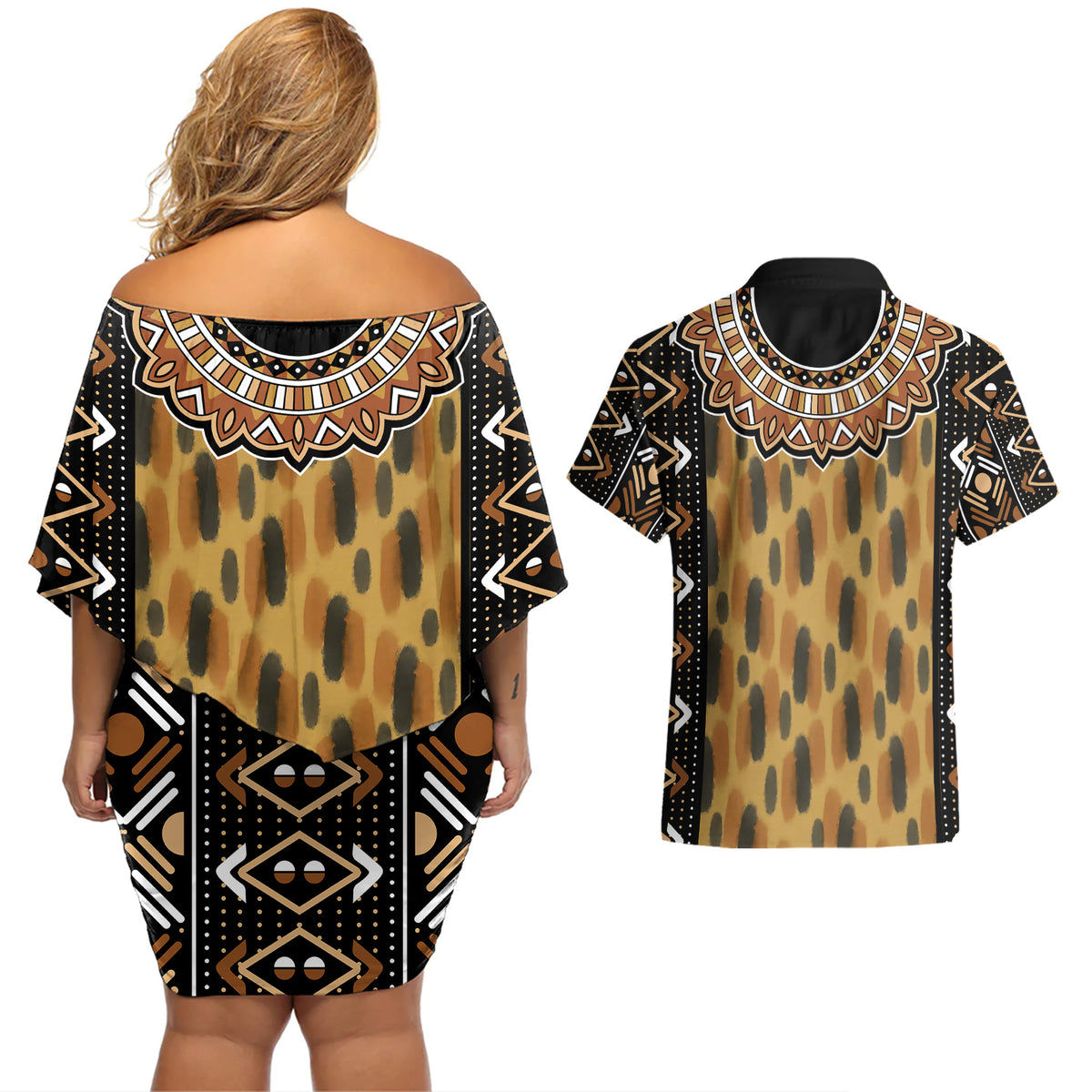 Printed Mud Cloth and Adinkra Symbol Couples Matching Off Shoulder Short Dress and Hawaiian Shirt - Wonder Print Shop