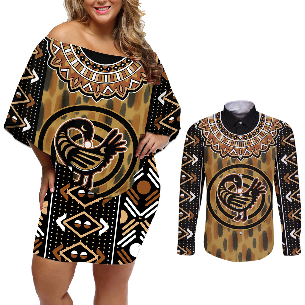 Printed Mud Cloth and Adinkra Symbol Couples Matching Off Shoulder Short Dress and Long Sleeve Button Shirts - Wonder Print Shop