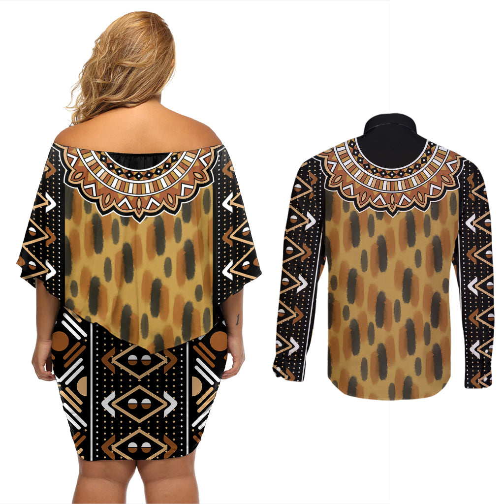 Printed Mud Cloth and Adinkra Symbol Couples Matching Off Shoulder Short Dress and Long Sleeve Button Shirts - Wonder Print Shop