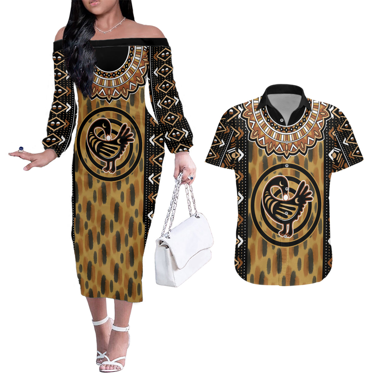Printed Mud Cloth and Adinkra Symbol Couples Matching Off The Shoulder Long Sleeve Dress and Hawaiian Shirt - Wonder Print Shop
