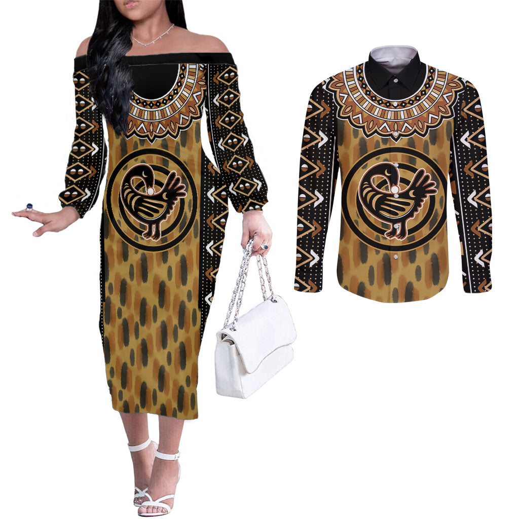 printed-mud-cloth-and-adinkra-symbol-couples-matching-off-the-shoulder-long-sleeve-dress-and-long-sleeve-button-shirts