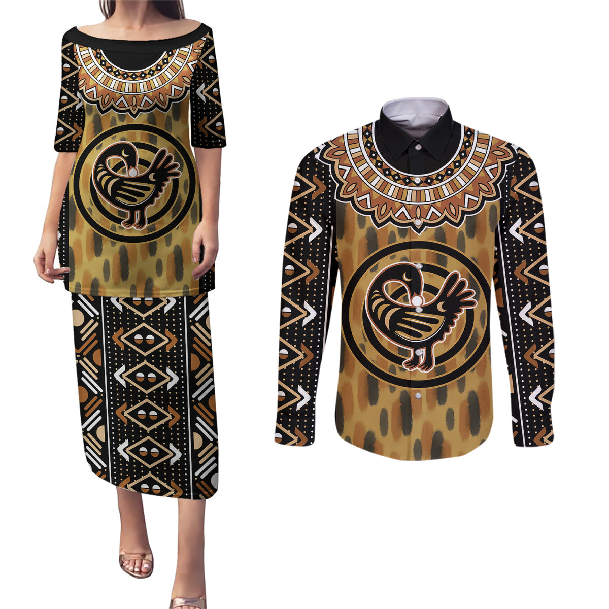 Printed Mud Cloth and Adinkra Symbol Couples Matching Puletasi Dress and Long Sleeve Button Shirts - Wonder Print Shop