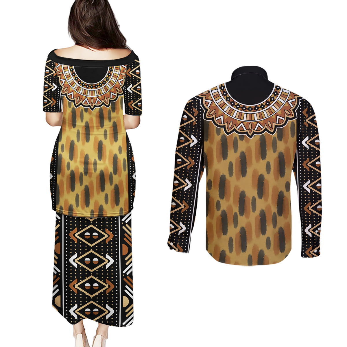 Printed Mud Cloth and Adinkra Symbol Couples Matching Puletasi Dress and Long Sleeve Button Shirts - Wonder Print Shop