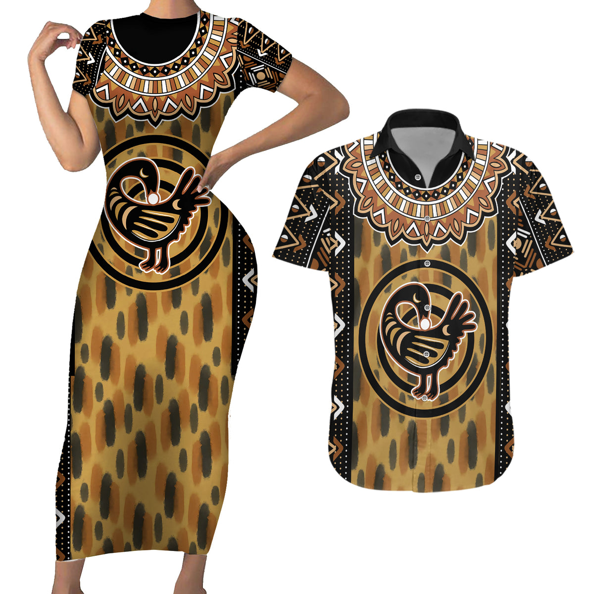 Printed Mud Cloth and Adinkra Symbol Couples Matching Short Sleeve Bodycon Dress and Hawaiian Shirt - Wonder Print Shop