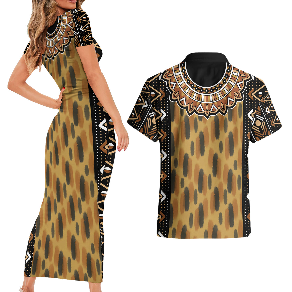 Printed Mud Cloth and Adinkra Symbol Couples Matching Short Sleeve Bodycon Dress and Hawaiian Shirt - Wonder Print Shop