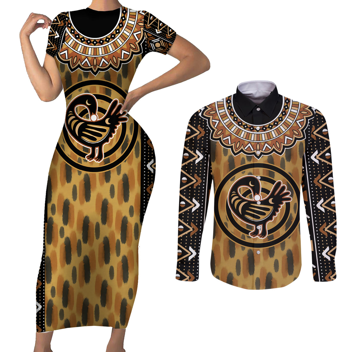 Printed Mud Cloth and Adinkra Symbol Couples Matching Short Sleeve Bodycon Dress and Long Sleeve Button Shirts - Wonder Print Shop