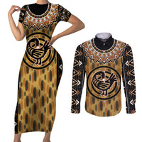 Printed Mud Cloth and Adinkra Symbol Couples Matching Short Sleeve Bodycon Dress and Long Sleeve Button Shirts - Wonder Print Shop