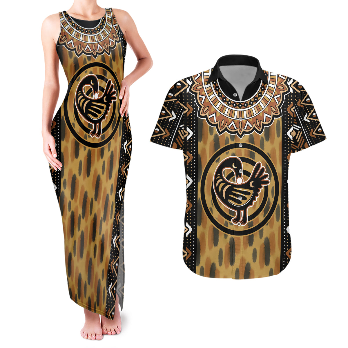 Printed Mud Cloth and Adinkra Symbol Couples Matching Tank Maxi Dress and Hawaiian Shirt - Wonder Print Shop