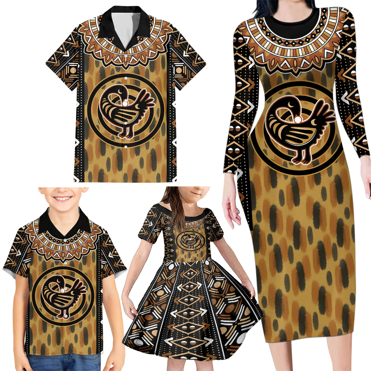 Printed Mud Cloth and Adinkra Symbol Family Matching Long Sleeve Bodycon Dress and Hawaiian Shirt - Wonder Print Shop