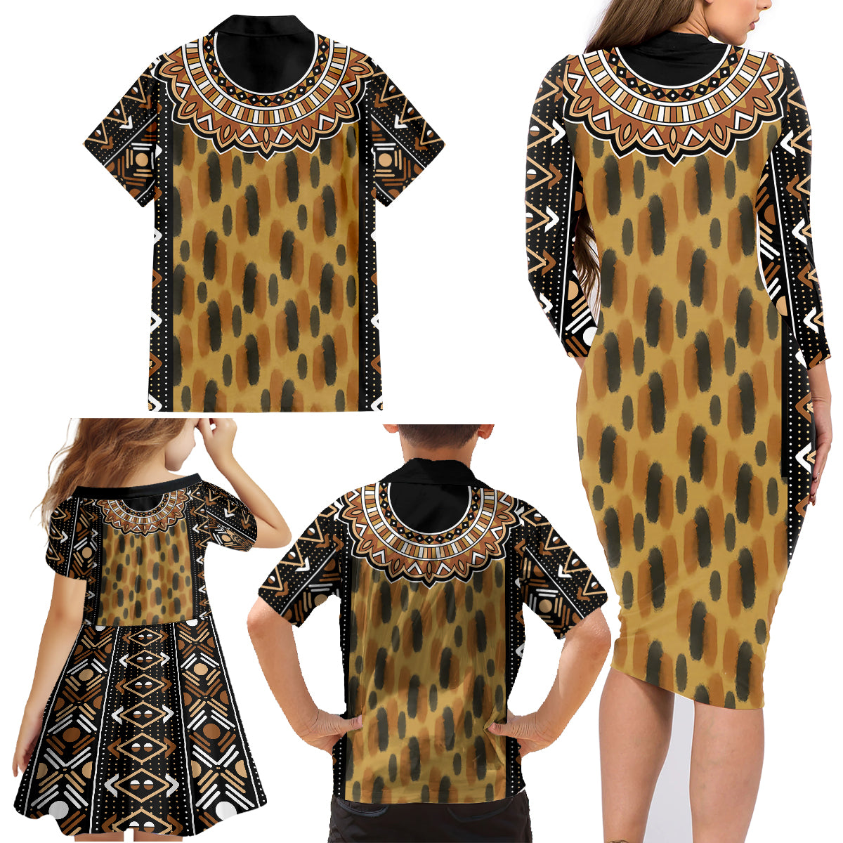 Printed Mud Cloth and Adinkra Symbol Family Matching Long Sleeve Bodycon Dress and Hawaiian Shirt - Wonder Print Shop