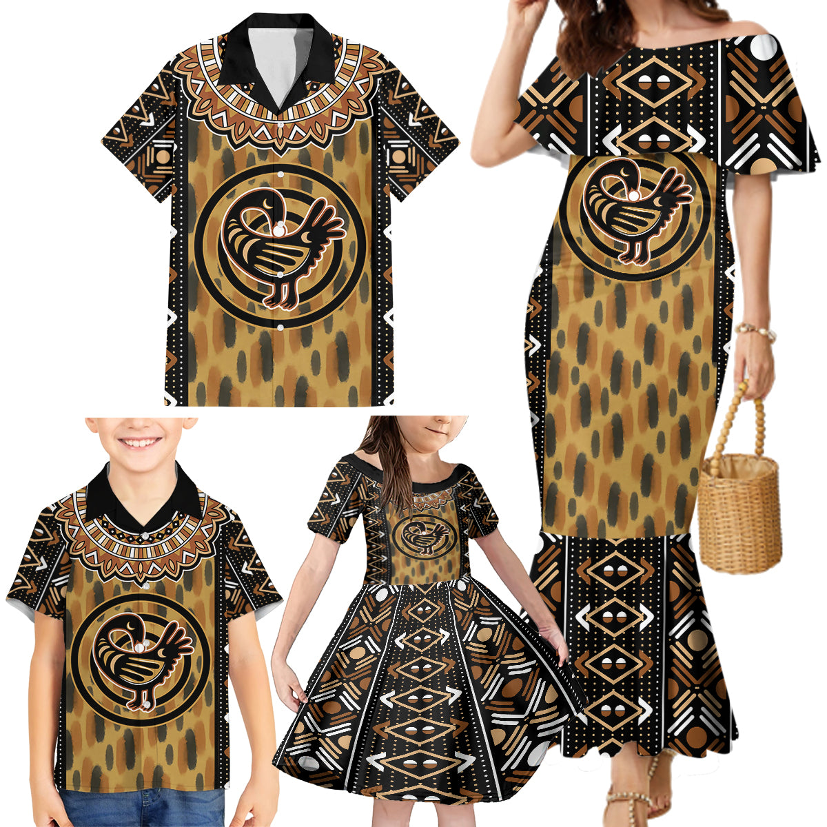 Printed Mud Cloth and Adinkra Symbol Family Matching Mermaid Dress and Hawaiian Shirt - Wonder Print Shop